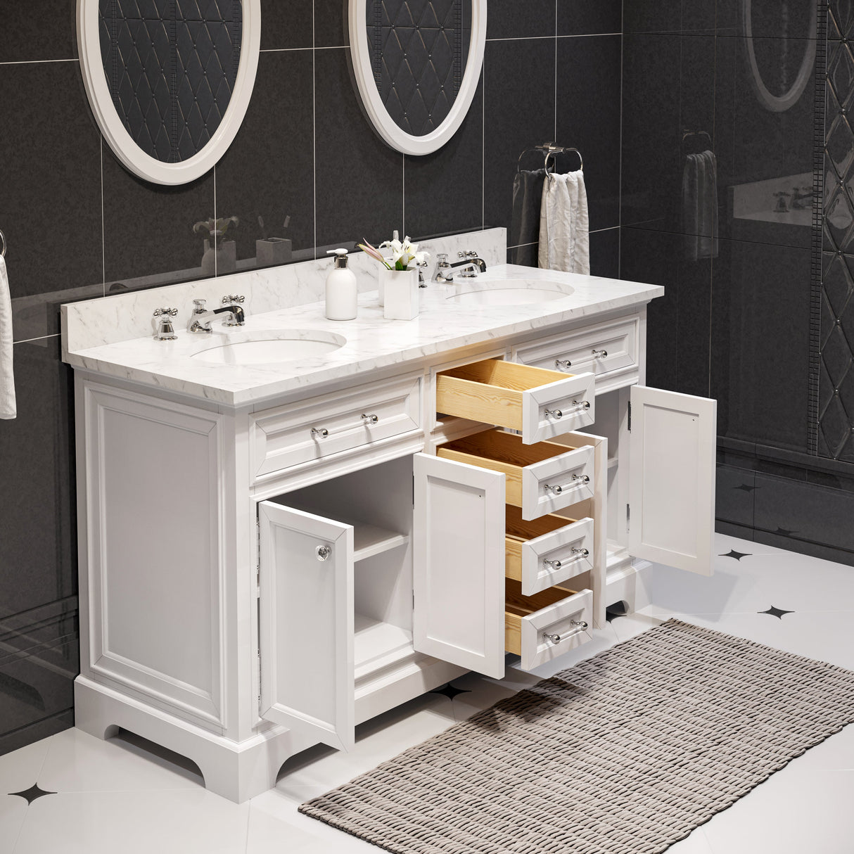 WATER CREATION 60 Inch Pure White Double Sink Bathroom Vanity From The Derby Collection