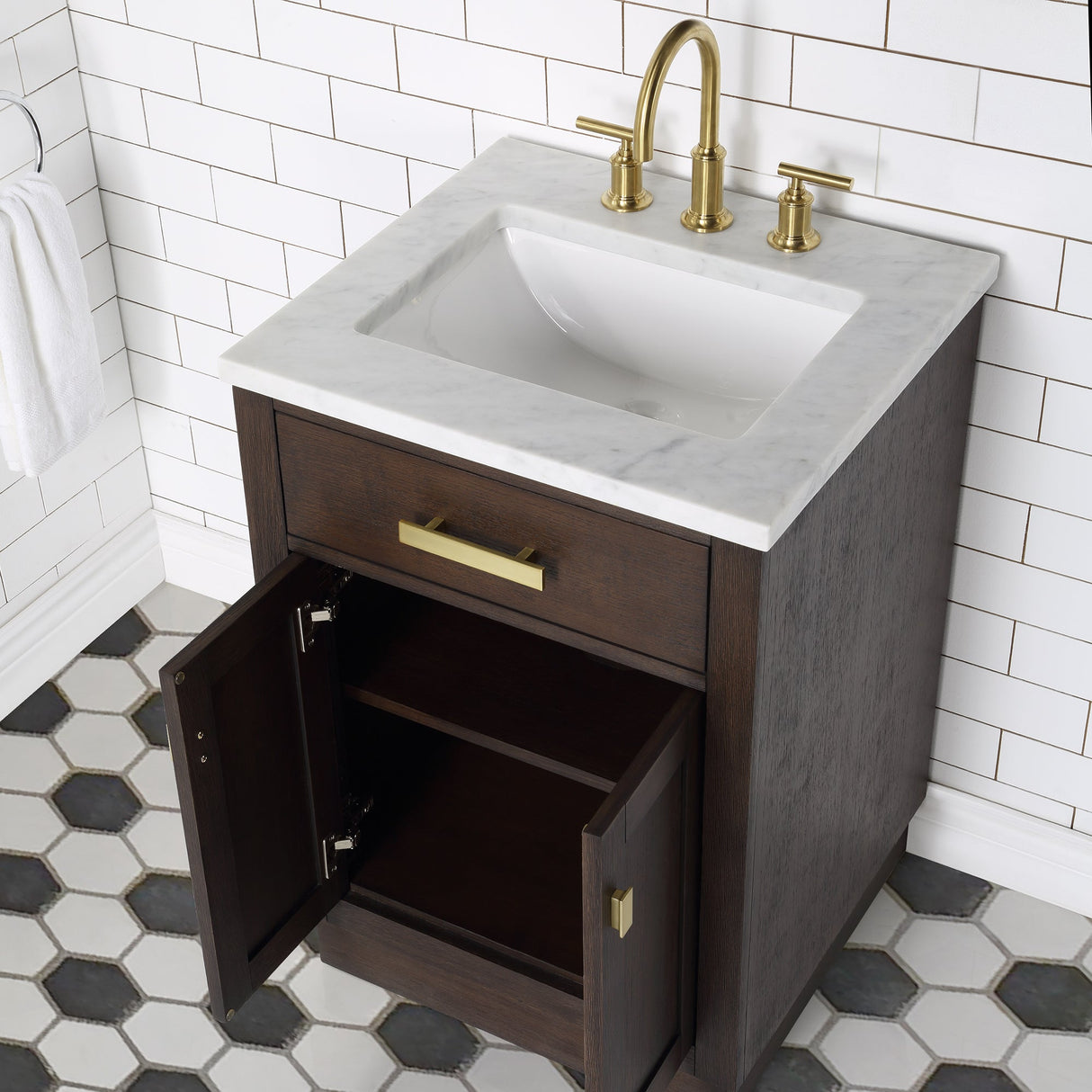 WATER CREATION Chestnut 24 In. Single Sink Carrara White Marble Countertop Vanity In Brown Oak