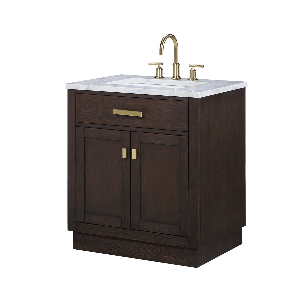 WATER CREATION Chestnut 30 In. Single Sink Carrara White Marble Countertop Vanity In Brown Oak