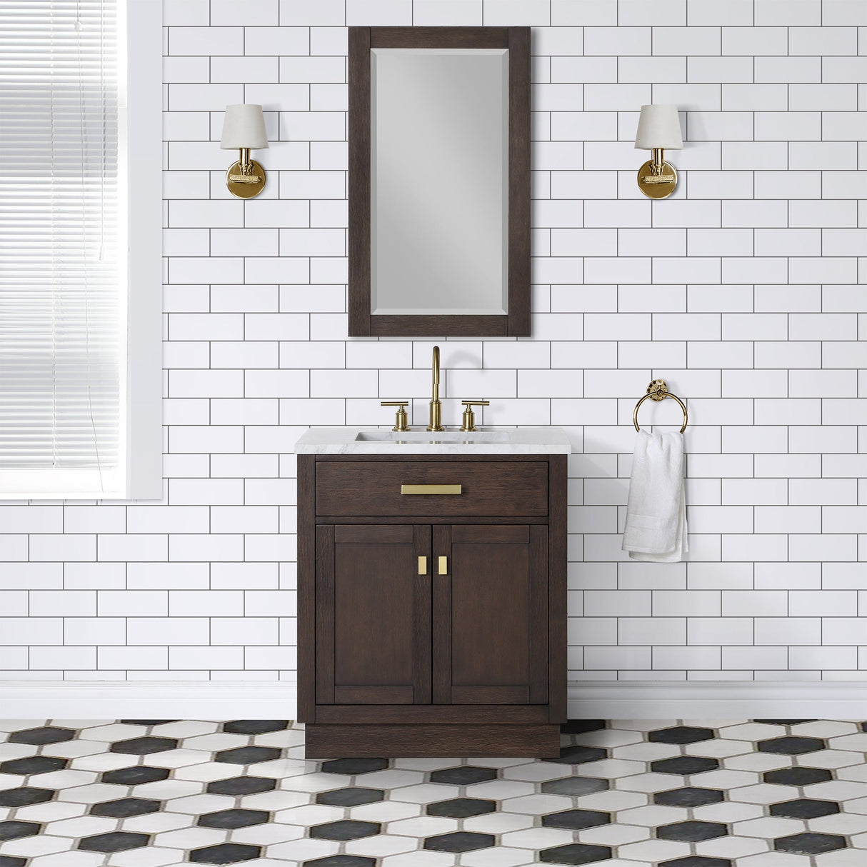 WATER CREATION Chestnut 30 In. Single Sink Carrara White Marble Countertop Vanity In Brown Oak