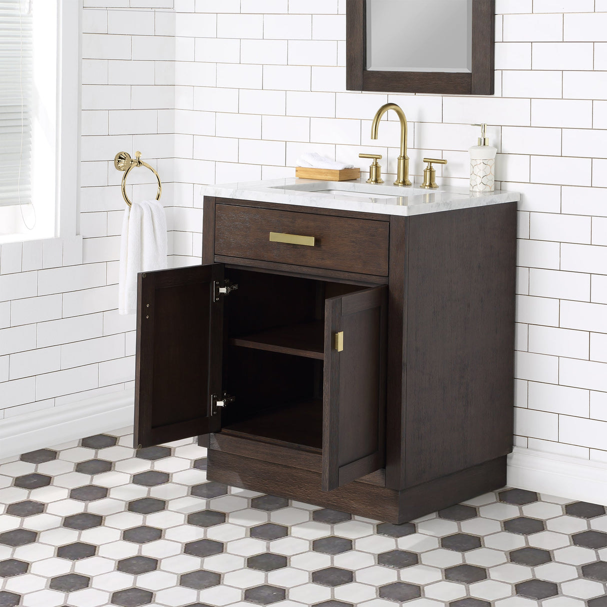 WATER CREATION Chestnut 30 In. Single Sink Carrara White Marble Countertop Vanity In Brown Oak