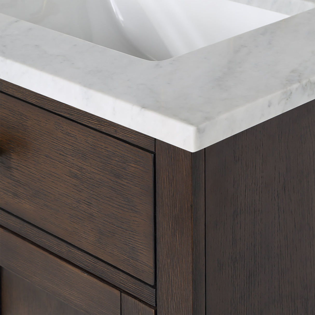 WATER CREATION Chestnut 30 In. Single Sink Carrara White Marble Countertop Vanity In Brown Oak