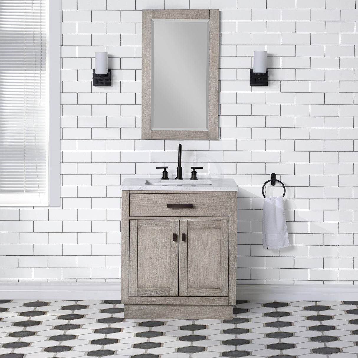 WATER CREATION Chestnut 30 In. Single Sink Carrara White Marble Countertop Vanity In Grey Oak