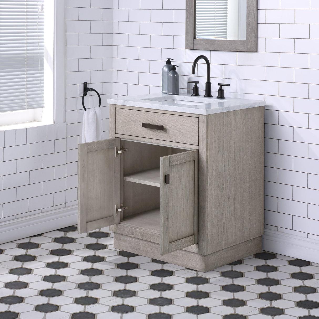 WATER CREATION Chestnut 30 In. Single Sink Carrara White Marble Countertop Vanity In Grey Oak