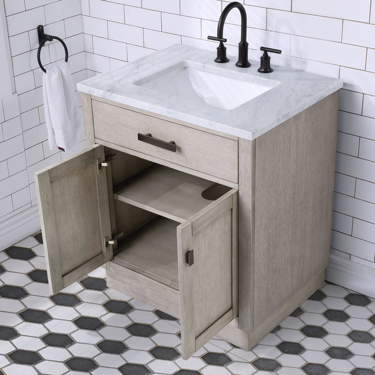 WATER CREATION Chestnut 30 In. Single Sink Carrara White Marble Countertop Vanity In Grey Oak