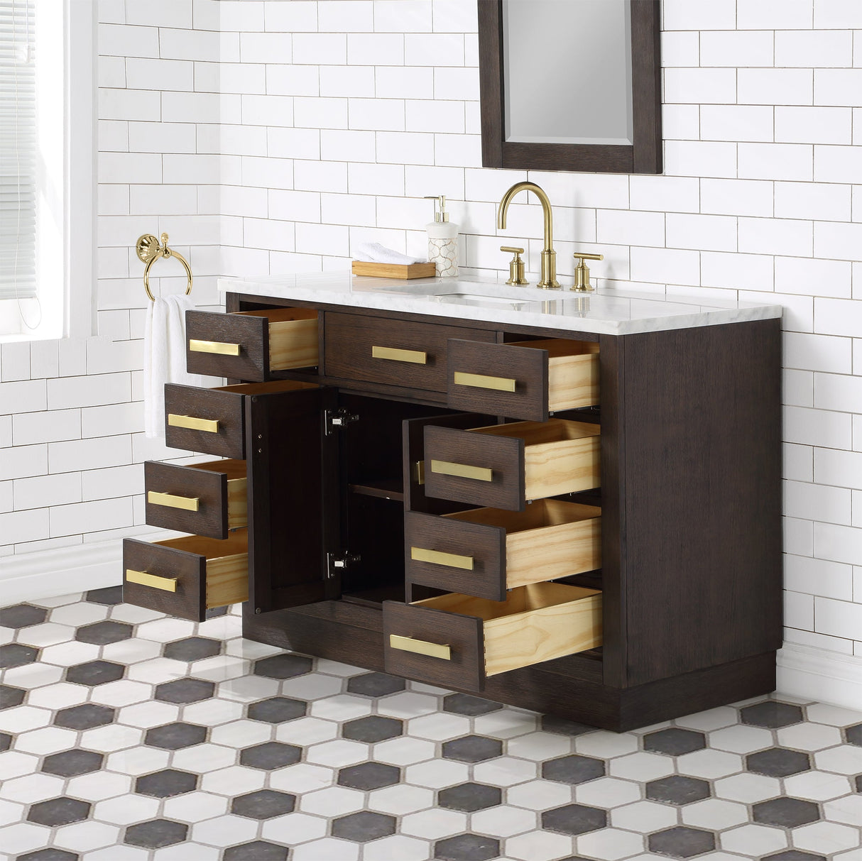 WATER CREATION Chestnut 48 In. Single Sink Carrara White Marble Countertop Vanity In Brown Oak