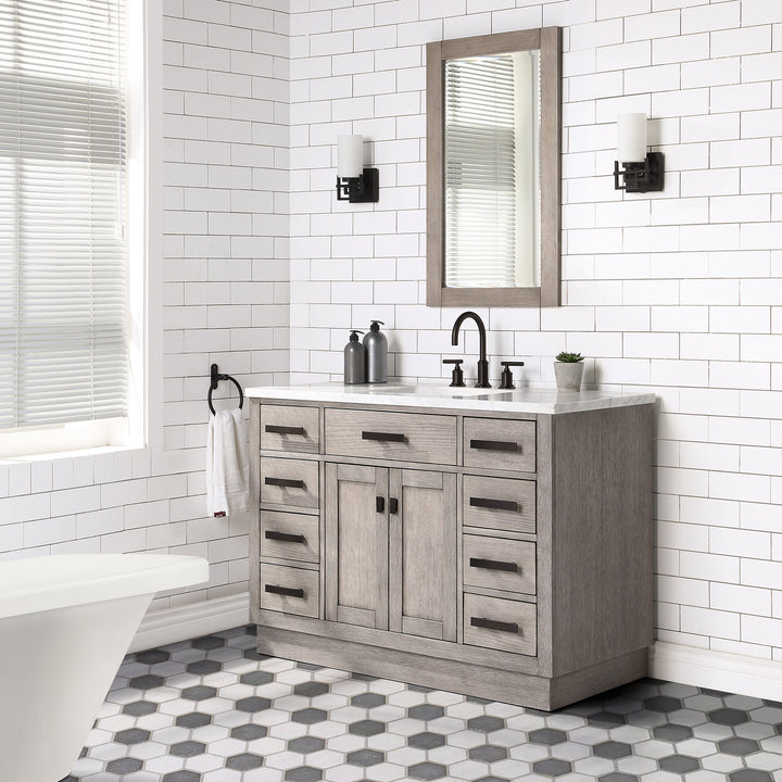 Water Creation Bathroom Vanity Vanity and Faucet and Mirror WATER CREATION Chestnut 48 In. Single Sink Carrara White Marble Countertop Vanity In Grey Oak