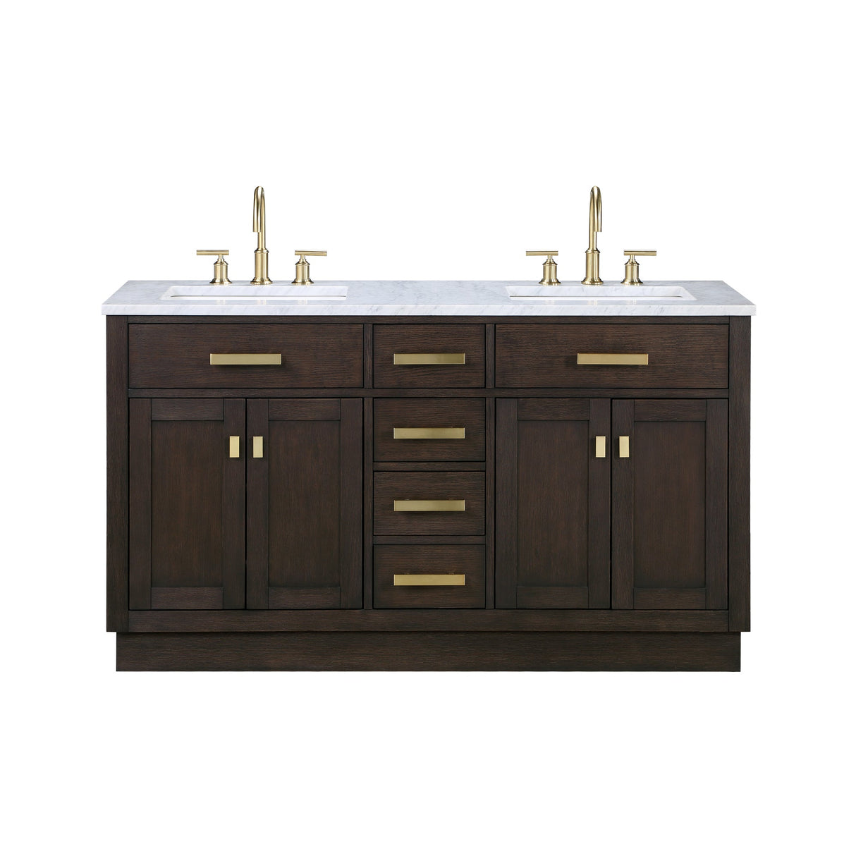 WATER CREATION Chestnut 60 In. Double Sink Carrara White Marble Countertop Vanity In Brown Oak