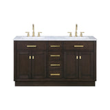 WATER CREATION Chestnut 60 In. Double Sink Carrara White Marble Countertop Vanity In Brown Oak