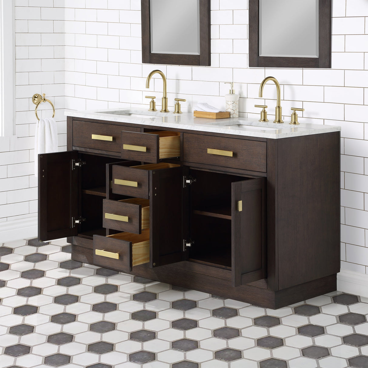 WATER CREATION Chestnut 60 In. Double Sink Carrara White Marble Countertop Vanity In Brown Oak