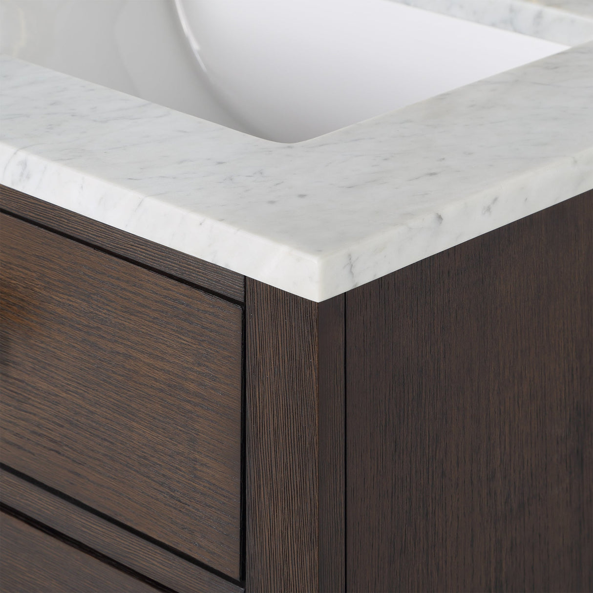 WATER CREATION Chestnut 60 In. Double Sink Carrara White Marble Countertop Vanity In Brown Oak