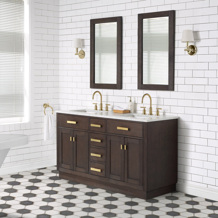 Water Creation Bathroom Vanity Vanity and Faucet and Mirror WATER CREATION Chestnut 60 In. Double Sink Carrara White Marble Countertop Vanity In Brown Oak