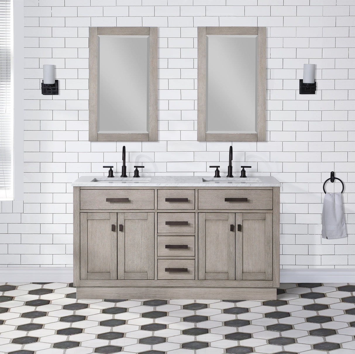 WATER CREATION Chestnut 60 In. Double Sink Carrara White Marble Countertop Vanity In Grey Oak