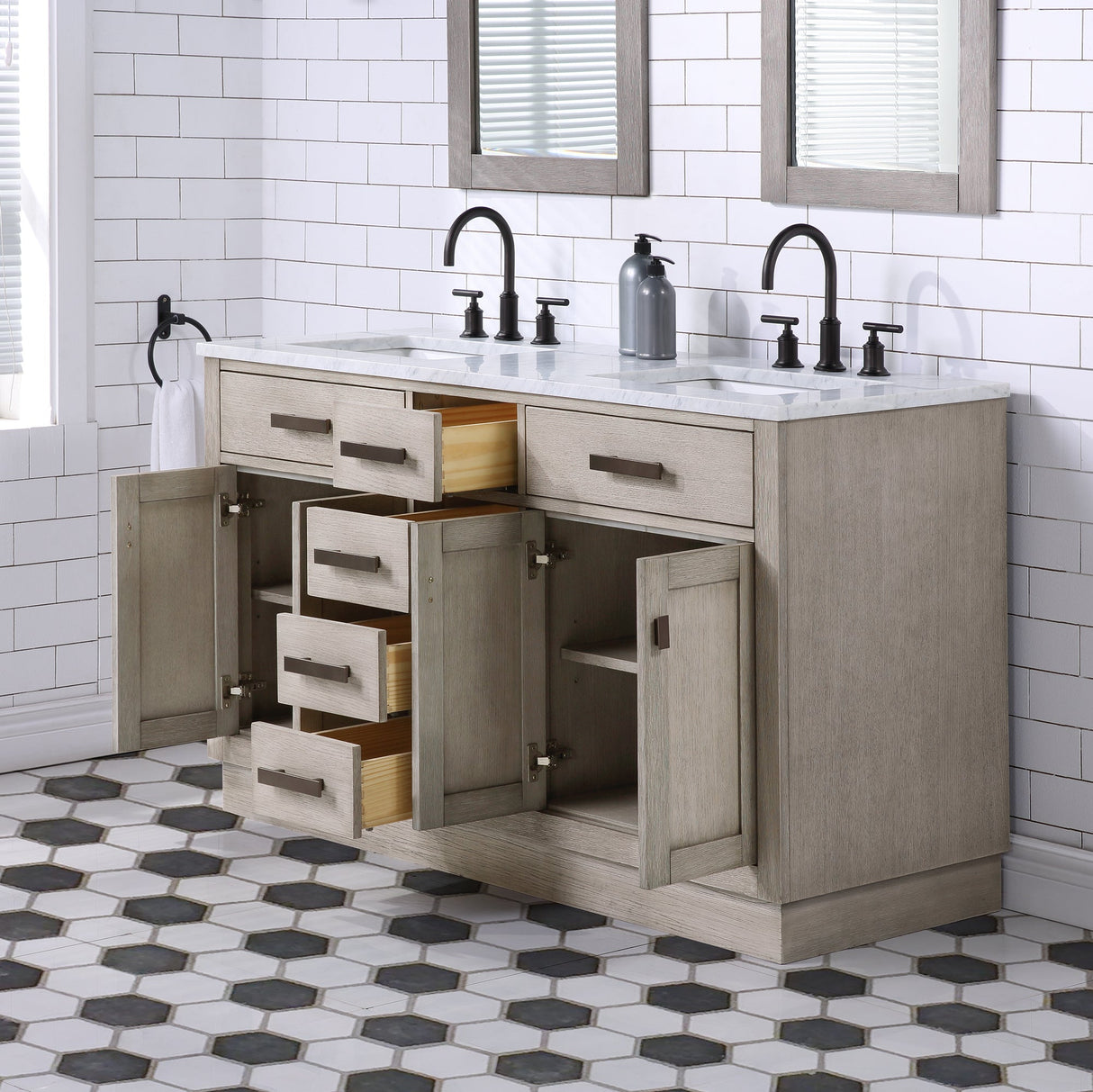 WATER CREATION Chestnut 60 In. Double Sink Carrara White Marble Countertop Vanity In Grey Oak