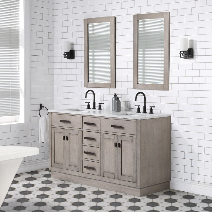 Water Creation Bathroom Vanity Vanity and Faucet and Mirror WATER CREATION Chestnut 60 In. Double Sink Carrara White Marble Countertop Vanity In Grey Oak