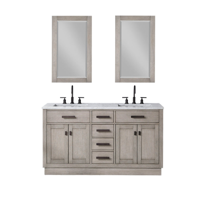 Water Creation Bathroom Vanity Vanity and Mirror WATER CREATION Chestnut 60 In. Double Sink Carrara White Marble Countertop Vanity In Grey Oak