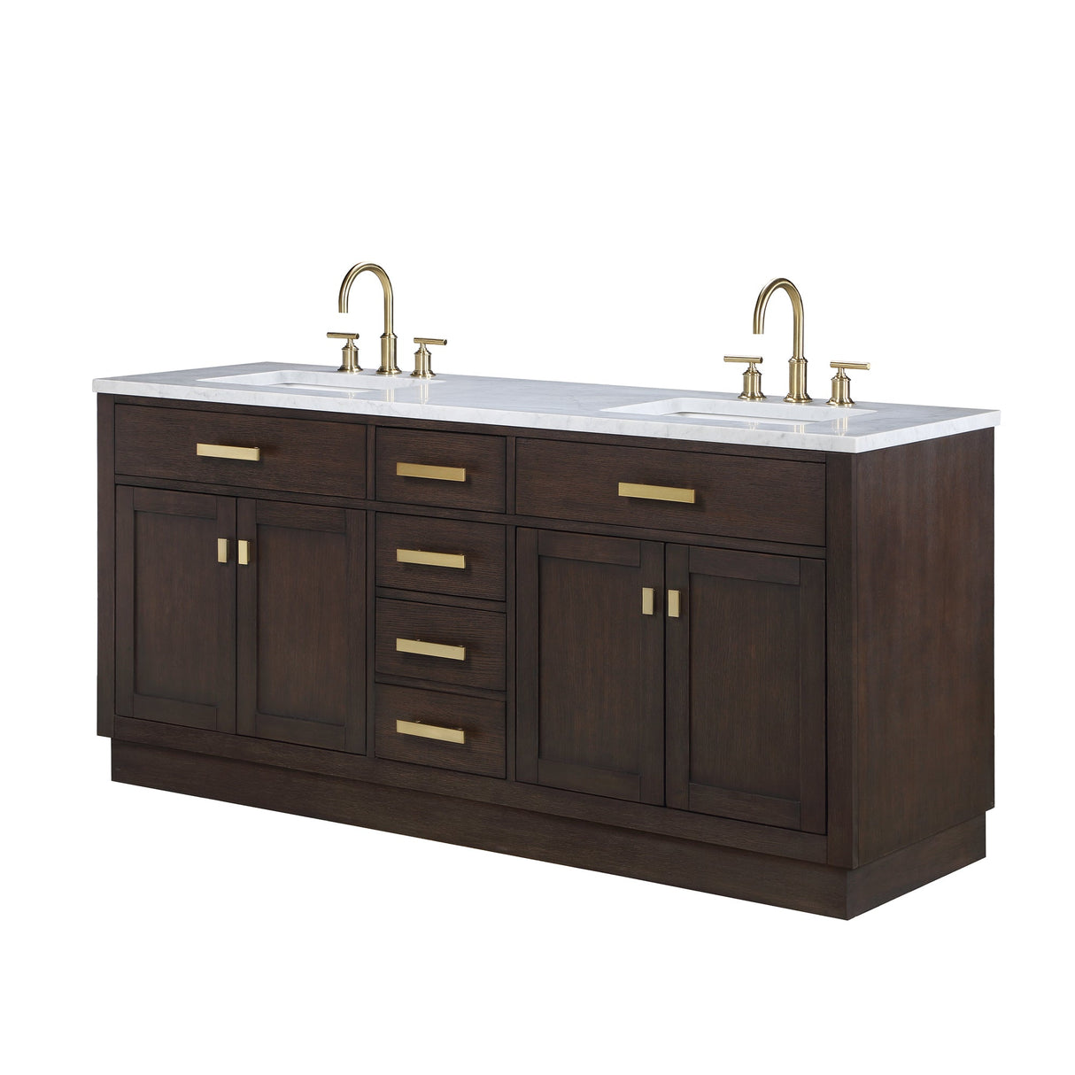 WATER CREATION Chestnut 72 In. Double Sink Carrara White Marble Countertop Vanity In Brown Oak