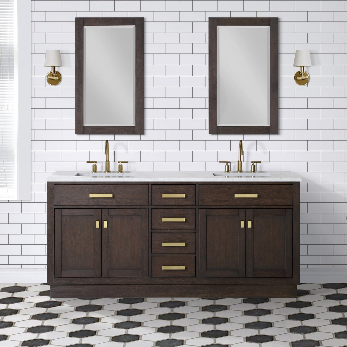 WATER CREATION Chestnut 72 In. Double Sink Carrara White Marble Countertop Vanity In Brown Oak