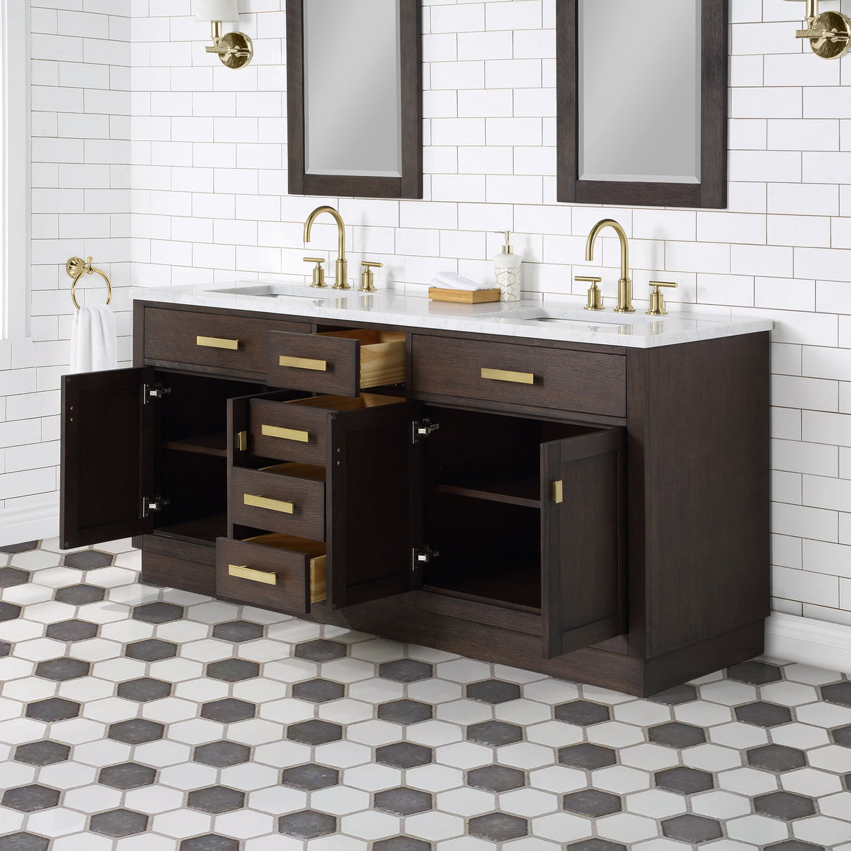 WATER CREATION Chestnut 72 In. Double Sink Carrara White Marble Countertop Vanity In Brown Oak