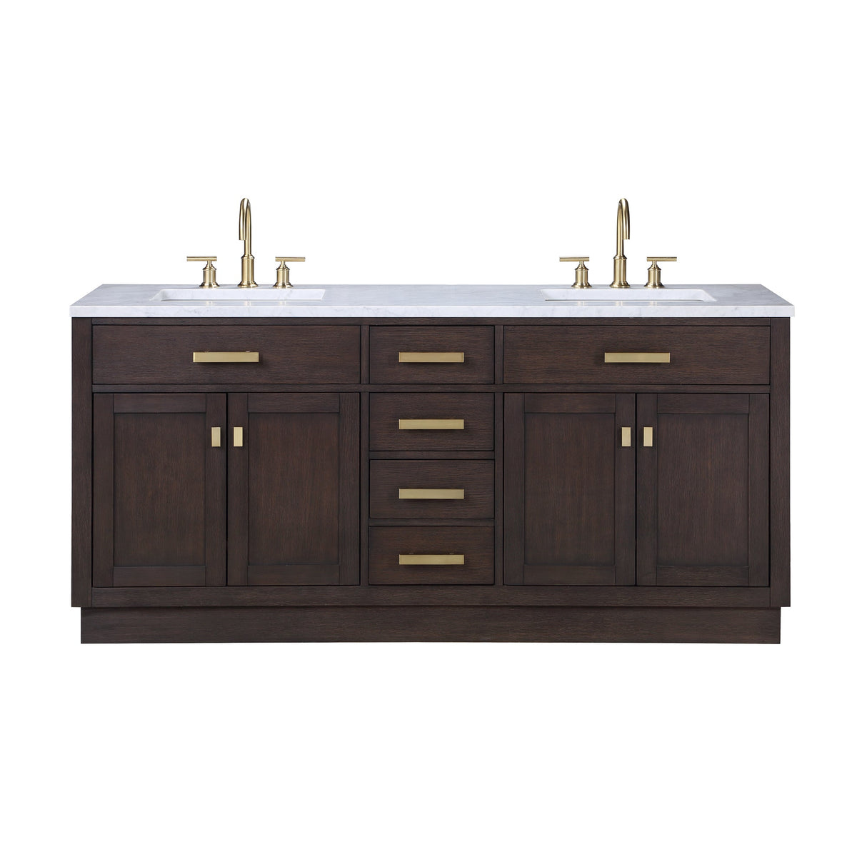 WATER CREATION Chestnut 72 In. Double Sink Carrara White Marble Countertop Vanity In Brown Oak