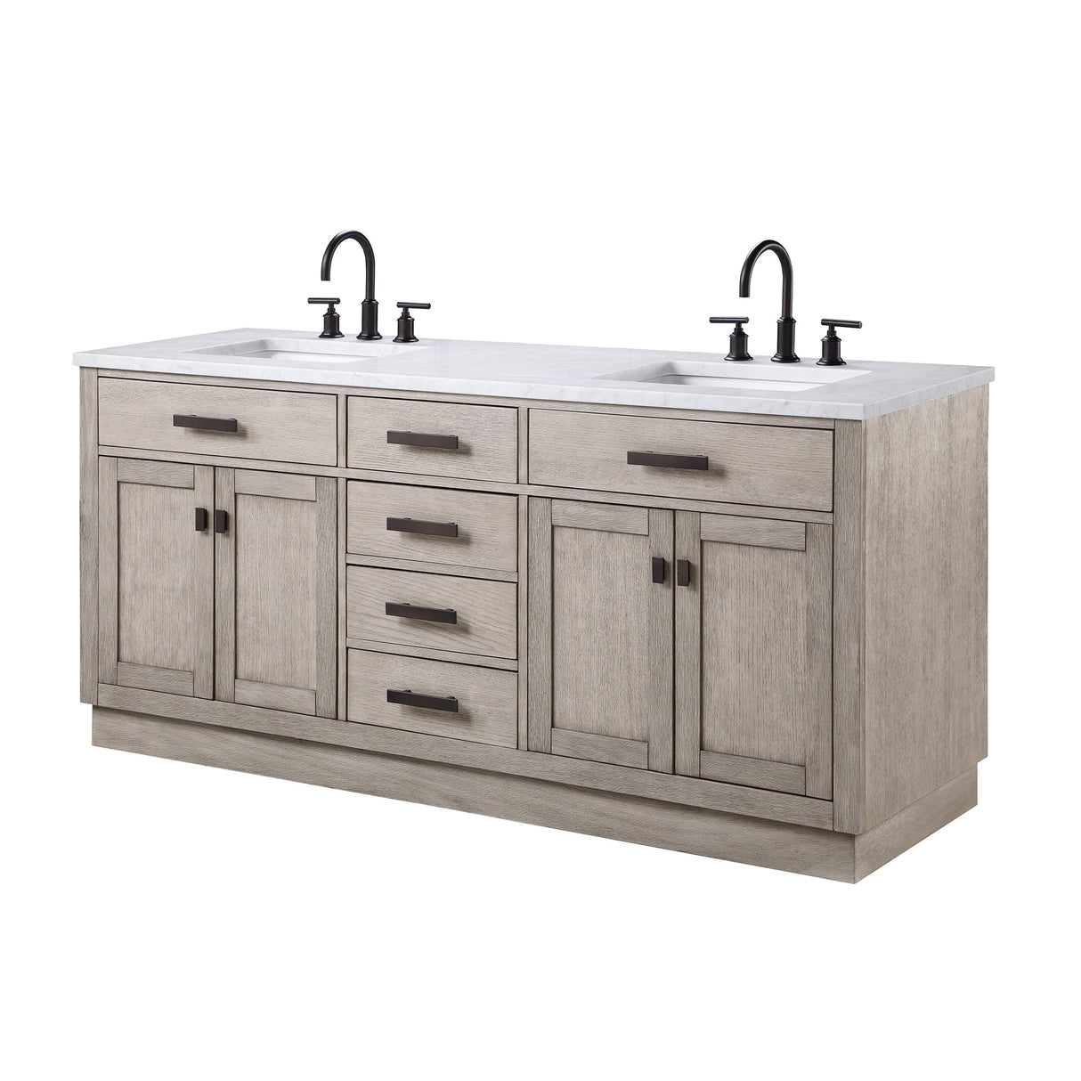 WATER CREATION Chestnut 72 In. Double Sink Carrara White Marble Countertop Vanity In Grey Oak