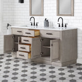 WATER CREATION Chestnut 72 In. Double Sink Carrara White Marble Countertop Vanity In Grey Oak