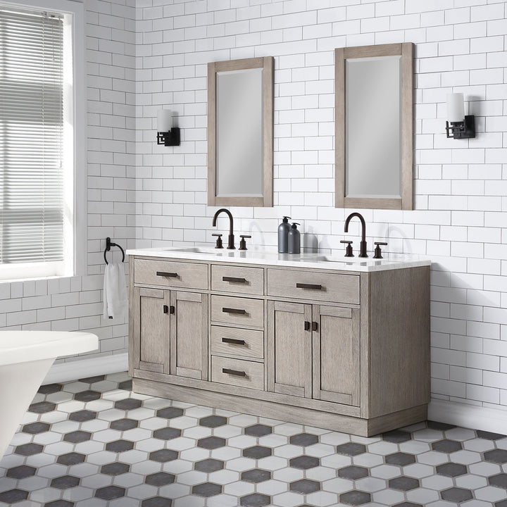 Water Creation Bathroom Vanity Vanity and Faucet and Mirror WATER CREATION Chestnut 72 In. Double Sink Carrara White Marble Countertop Vanity In Grey Oak
