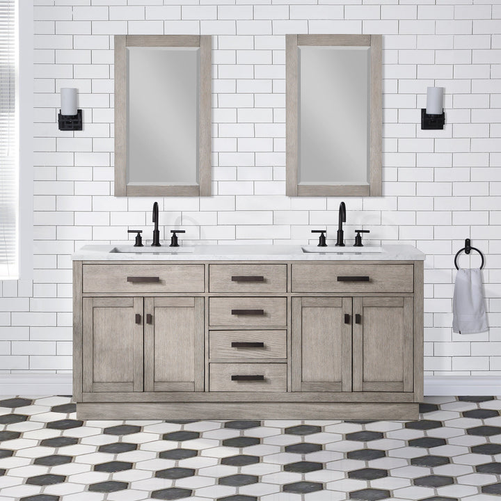 Water Creation Bathroom Vanity Vanity and Mirror WATER CREATION Chestnut 72 In. Double Sink Carrara White Marble Countertop Vanity In Grey Oak