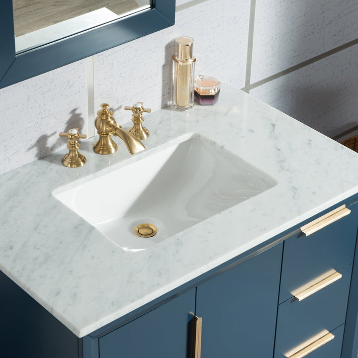 Water Creation Bathroom Vanity Vanity and Faucet 1 Option WATER CREATION Elizabeth 36-Inch Single Sink Carrara White Marble Vanity In Monarch Blue