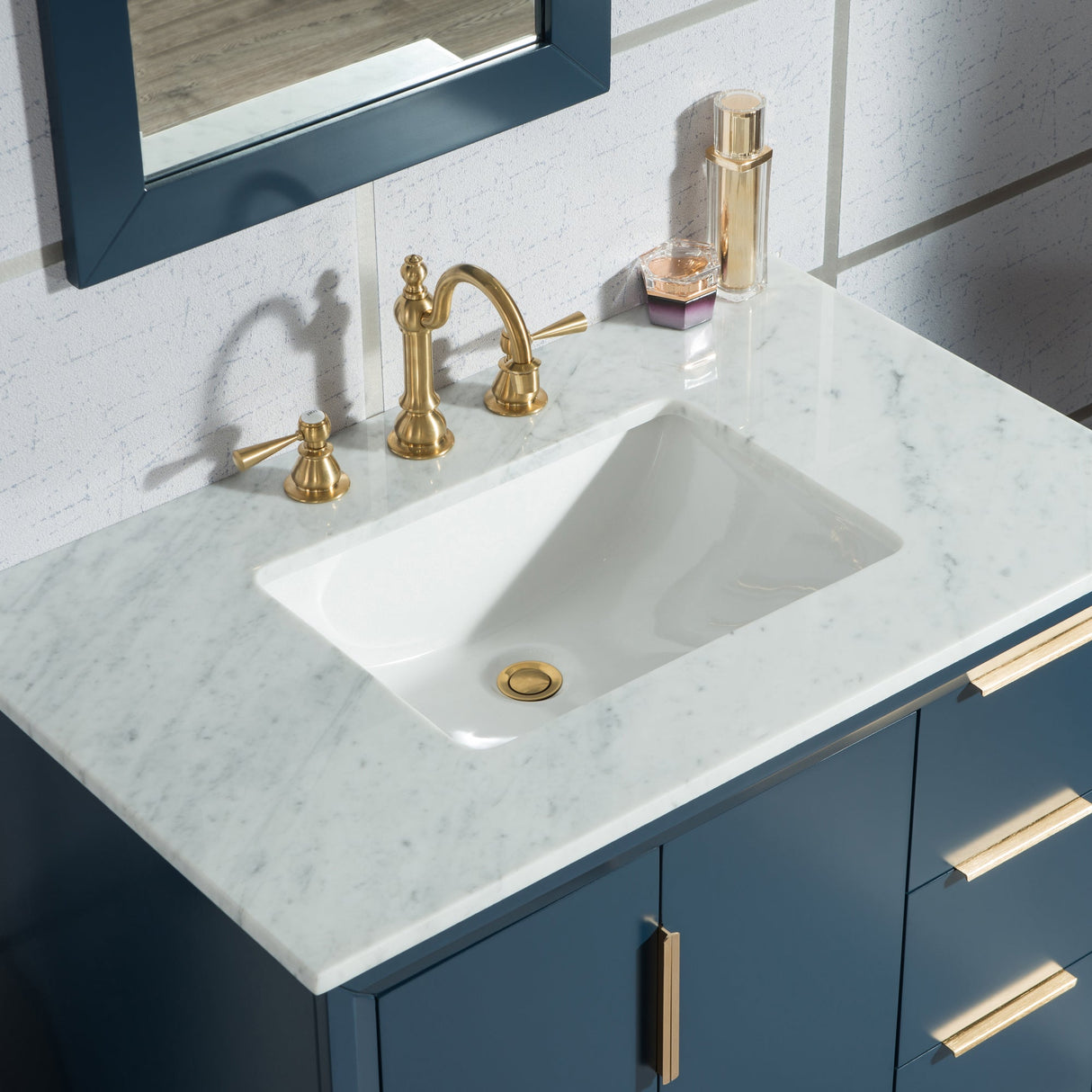 Water Creation Bathroom Vanity Vanity and Faucet 2 Option WATER CREATION Elizabeth 36-Inch Single Sink Carrara White Marble Vanity In Monarch Blue