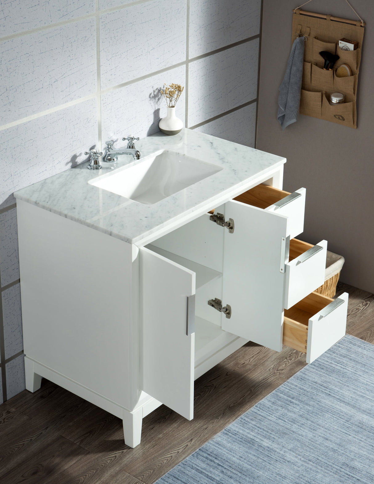 WATER CREATION Elizabeth 36-Inch Single Sink Carrara White Marble Vanity In Pure White