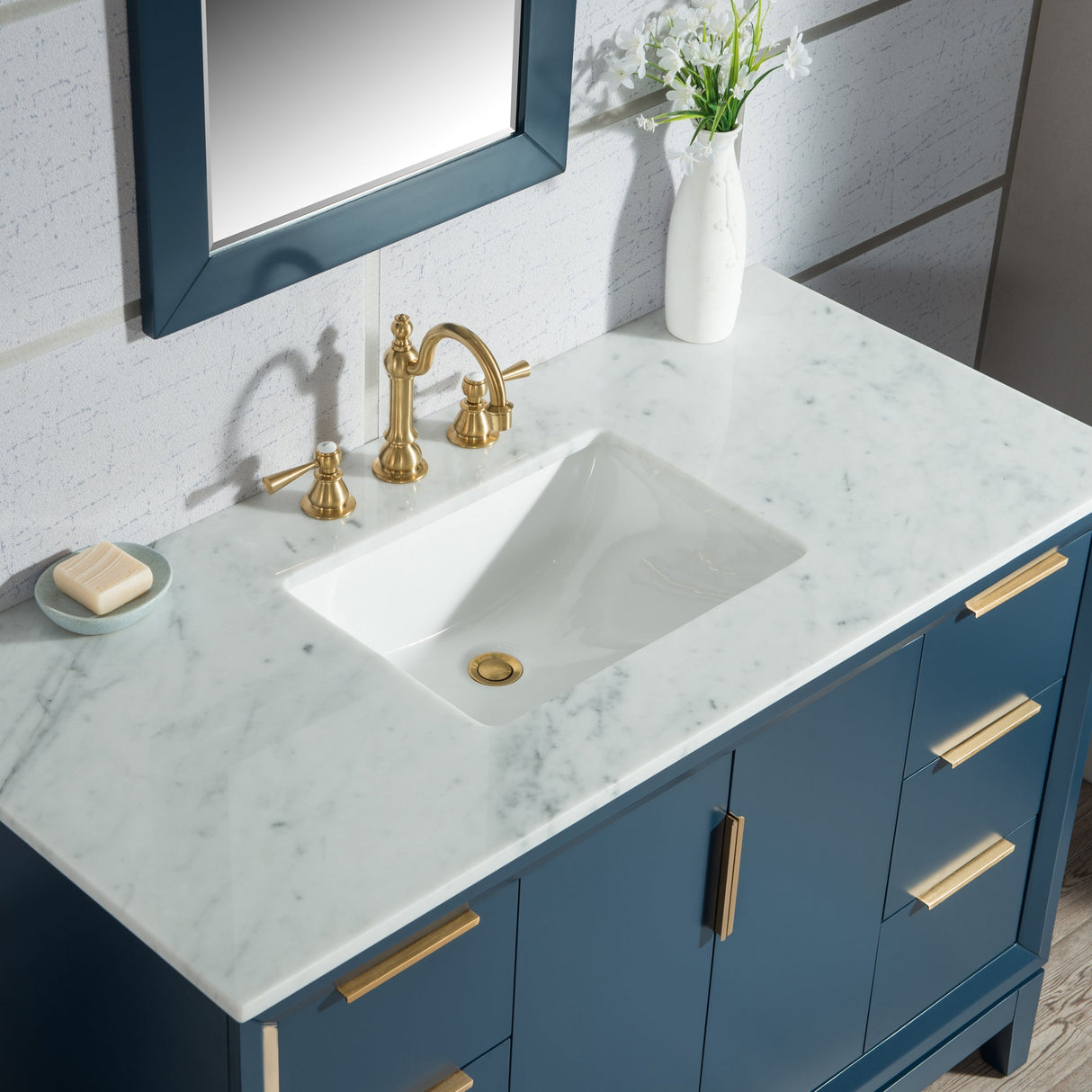 WATER CREATION Elizabeth 48-Inch Single Sink Carrara White Marble Vanity In Monarch Blue