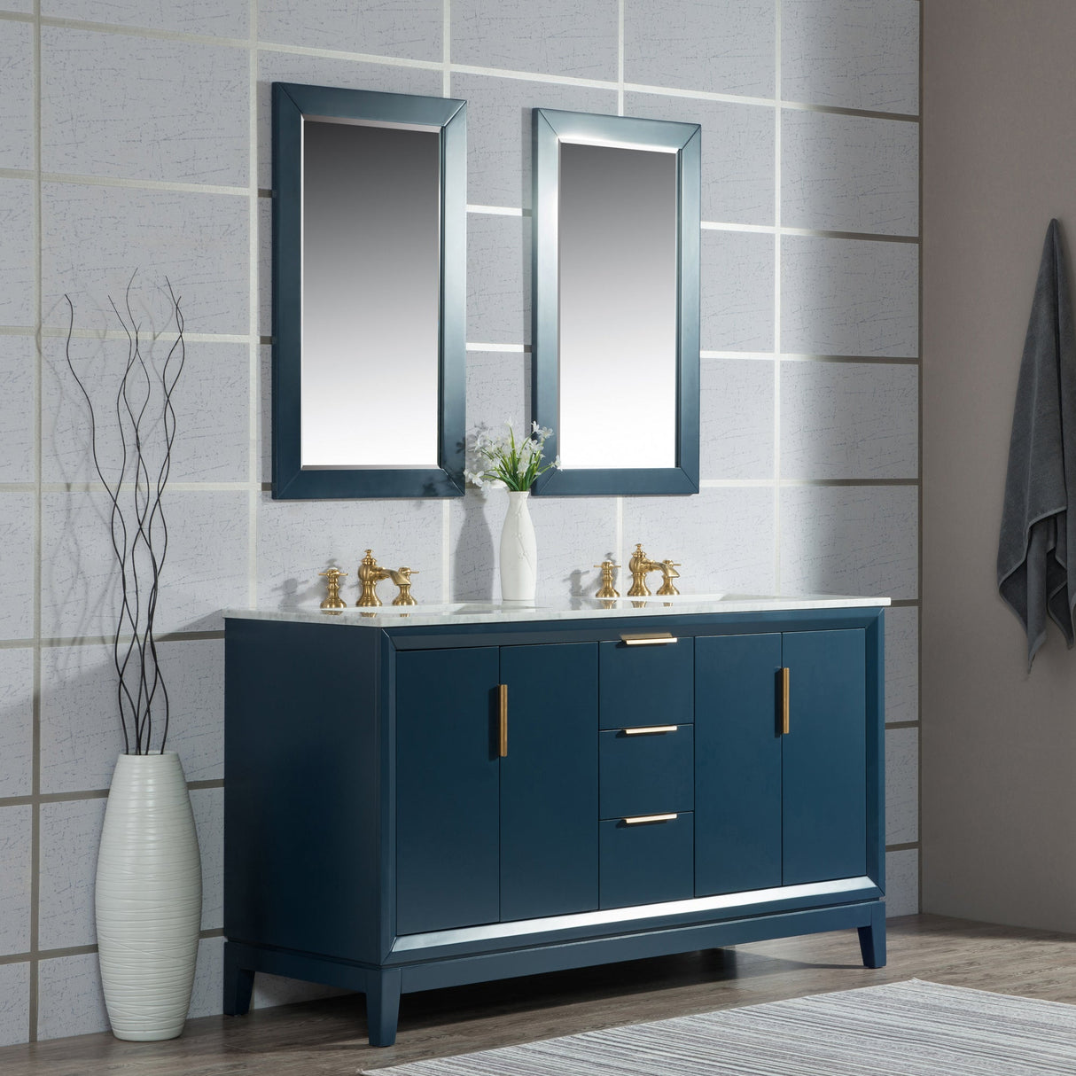 WATER CREATION Elizabeth 60-Inch Double Sink Carrara White Marble Vanity In Monarch Blue