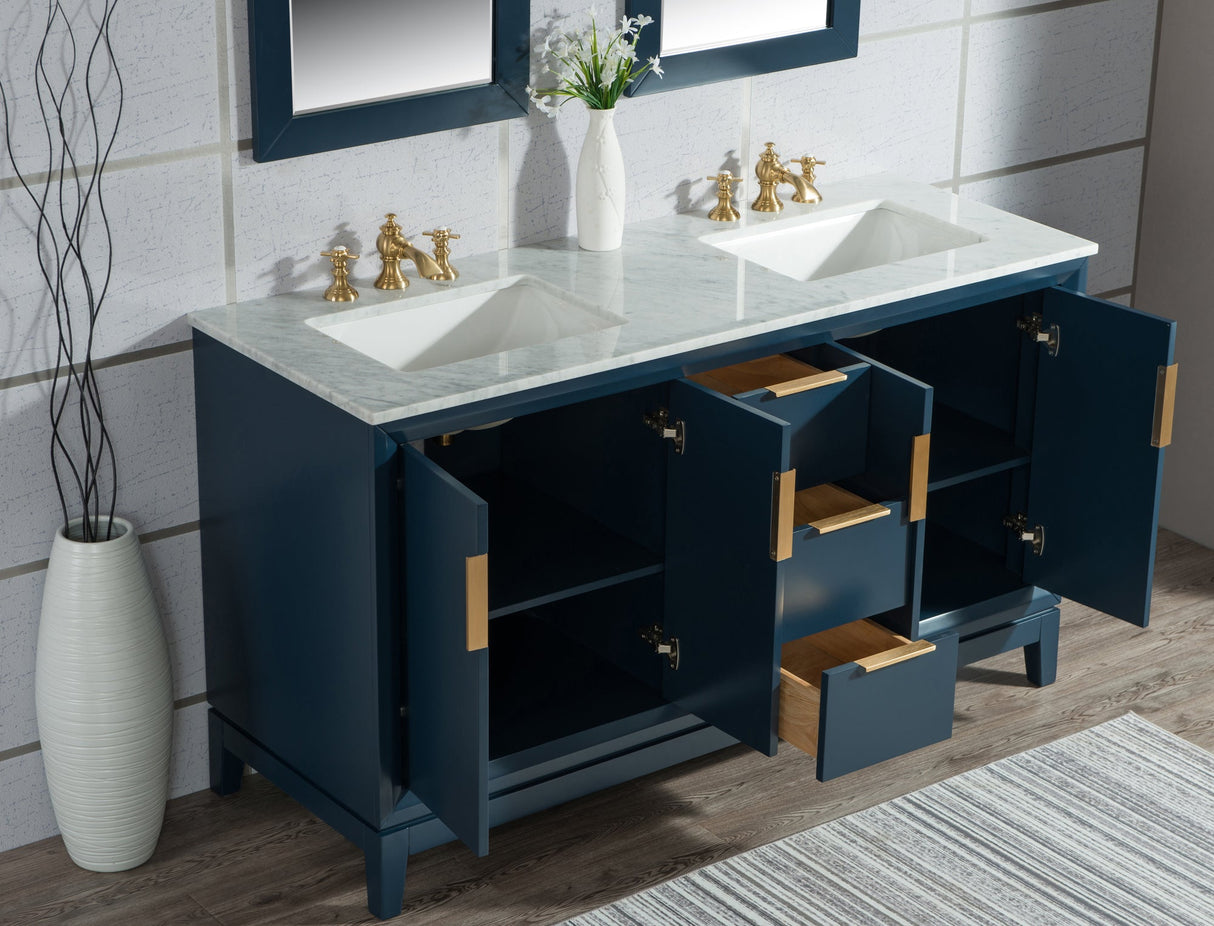 WATER CREATION Elizabeth 60-Inch Double Sink Carrara White Marble Vanity In Monarch Blue