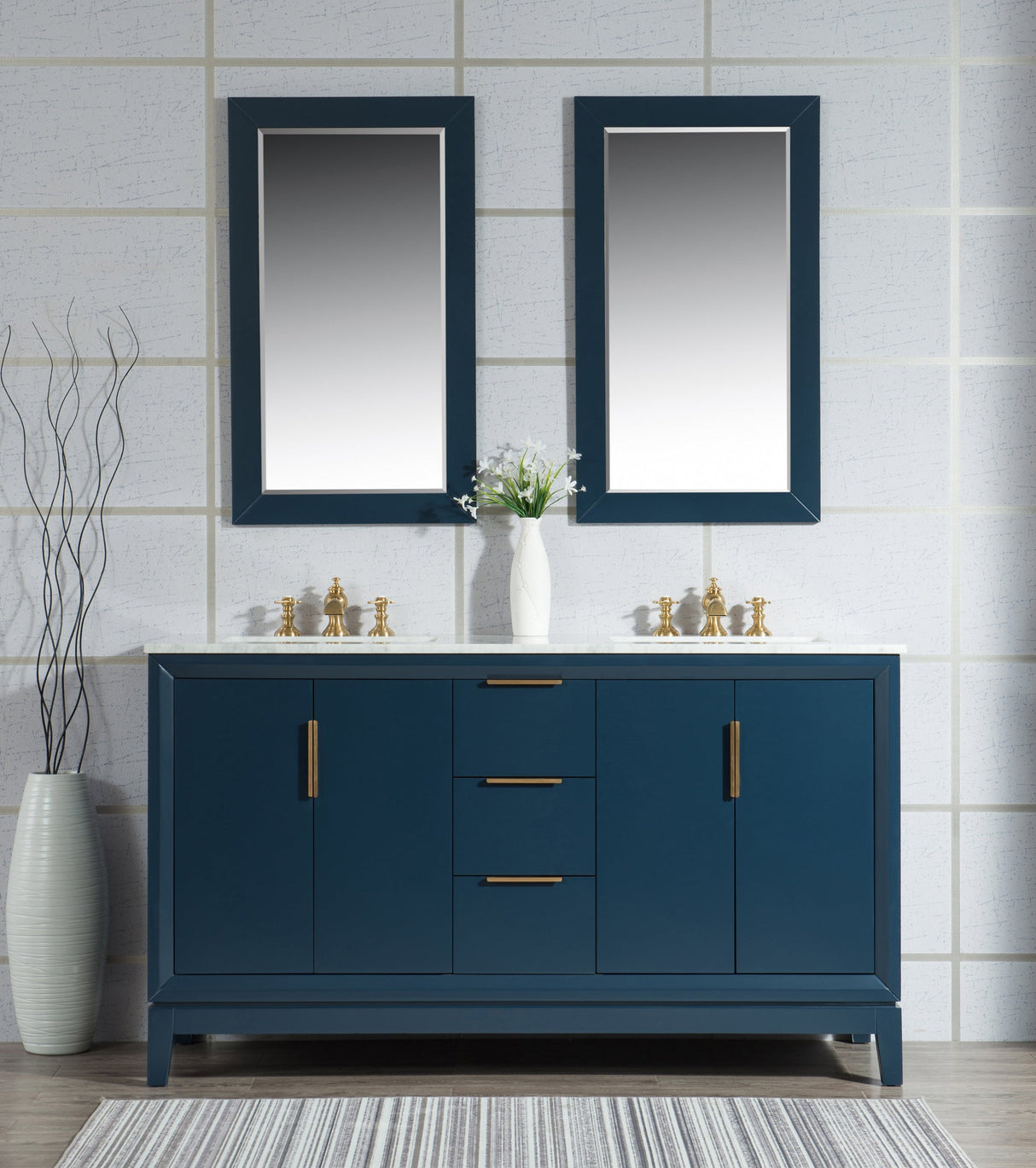 WATER CREATION Elizabeth 60-Inch Double Sink Carrara White Marble Vanity In Monarch Blue