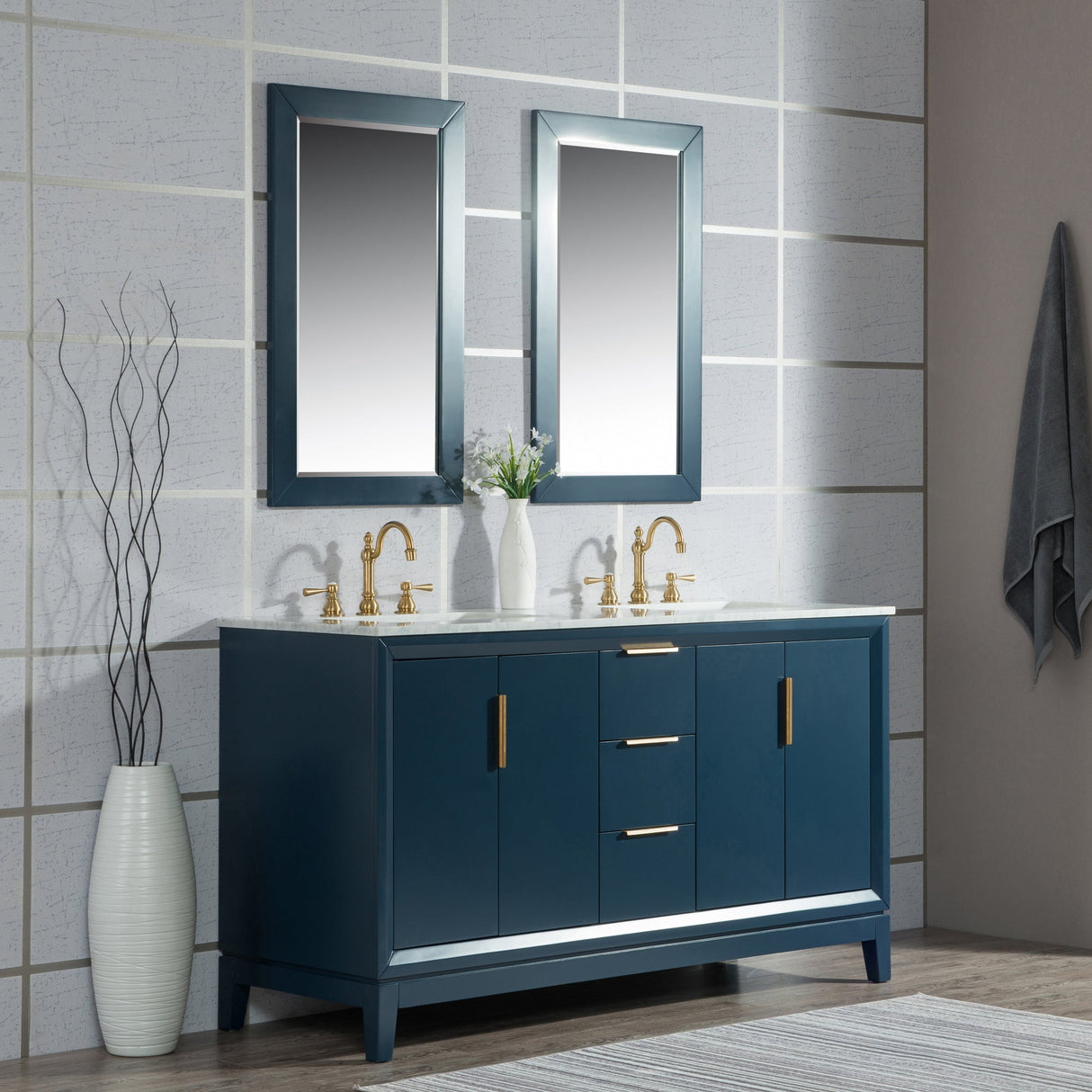 WATER CREATION Elizabeth 60-Inch Double Sink Carrara White Marble Vanity In Monarch Blue