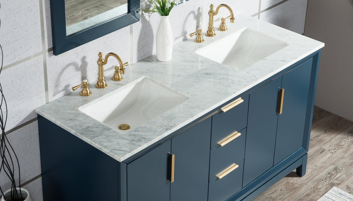 WATER CREATION Elizabeth 60-Inch Double Sink Carrara White Marble Vanity In Monarch Blue