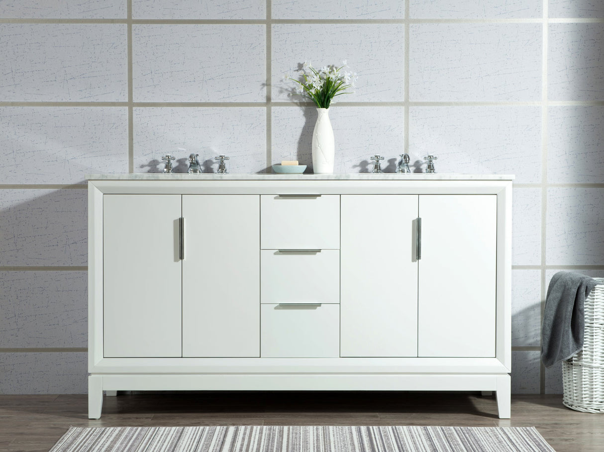 WATER CREATION Elizabeth 60-Inch Double Sink Carrara White Marble Vanity In Pure White