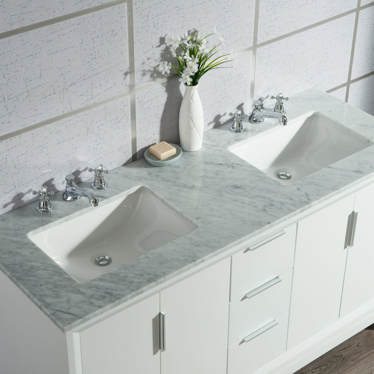 WATER CREATION Elizabeth 60-Inch Double Sink Carrara White Marble Vanity In Pure White