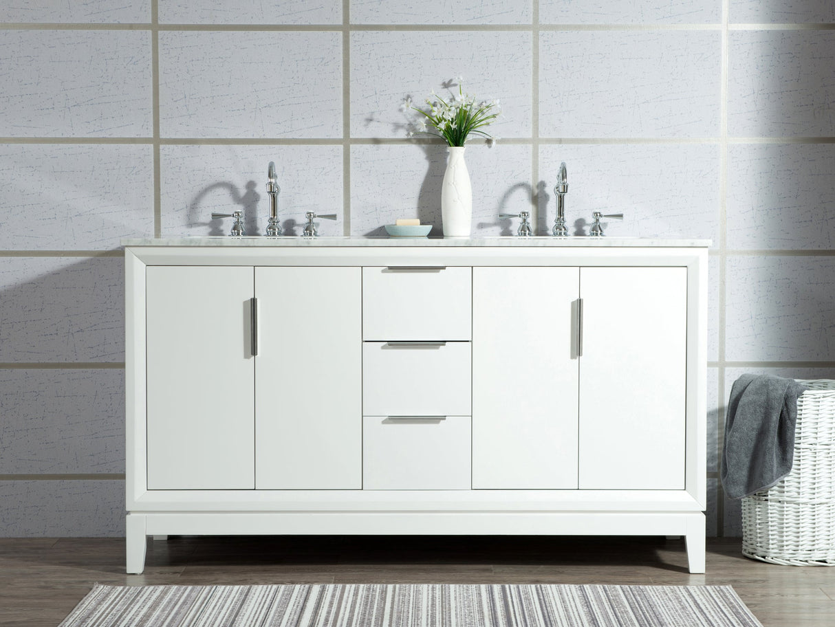 WATER CREATION Elizabeth 60-Inch Double Sink Carrara White Marble Vanity In Pure White