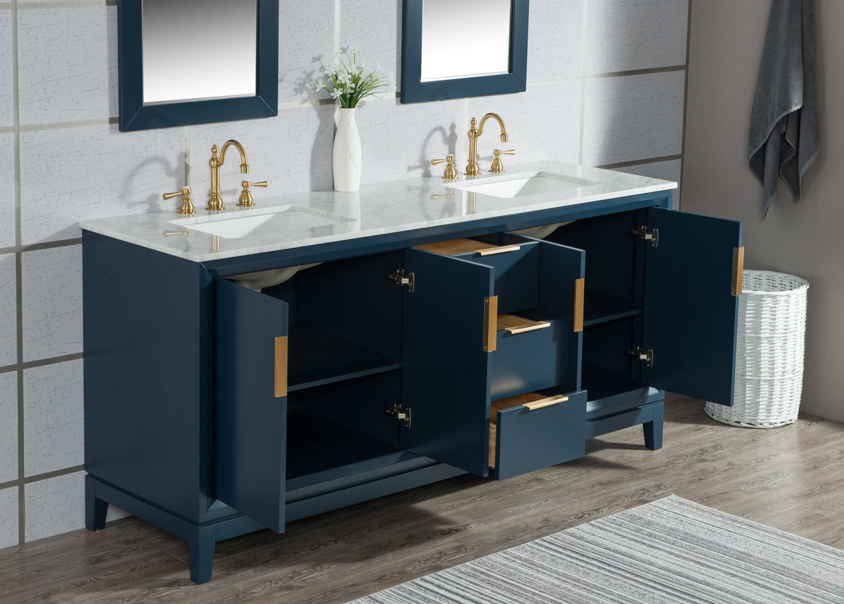 WATER CREATION Elizabeth 72-Inch Double Sink Carrara White Marble Vanity In Monarch Blue