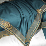 Anahi Teal Blue Embroidered Motif Border Egyptian Cotton Duvet Cover Set