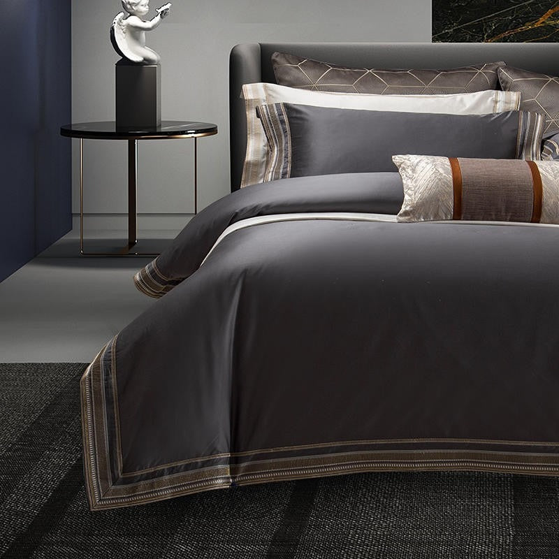 Svea Grey Embroidered Egyptian Cotton Duvet Cover Set