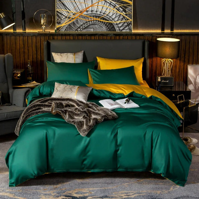 Shemir Emerald Green Gold Reversible Egyptian Cotton Duvet Cover Set Duvet Cover Set - Venetto Design Twin / Flat Sheet Venettodesign.com