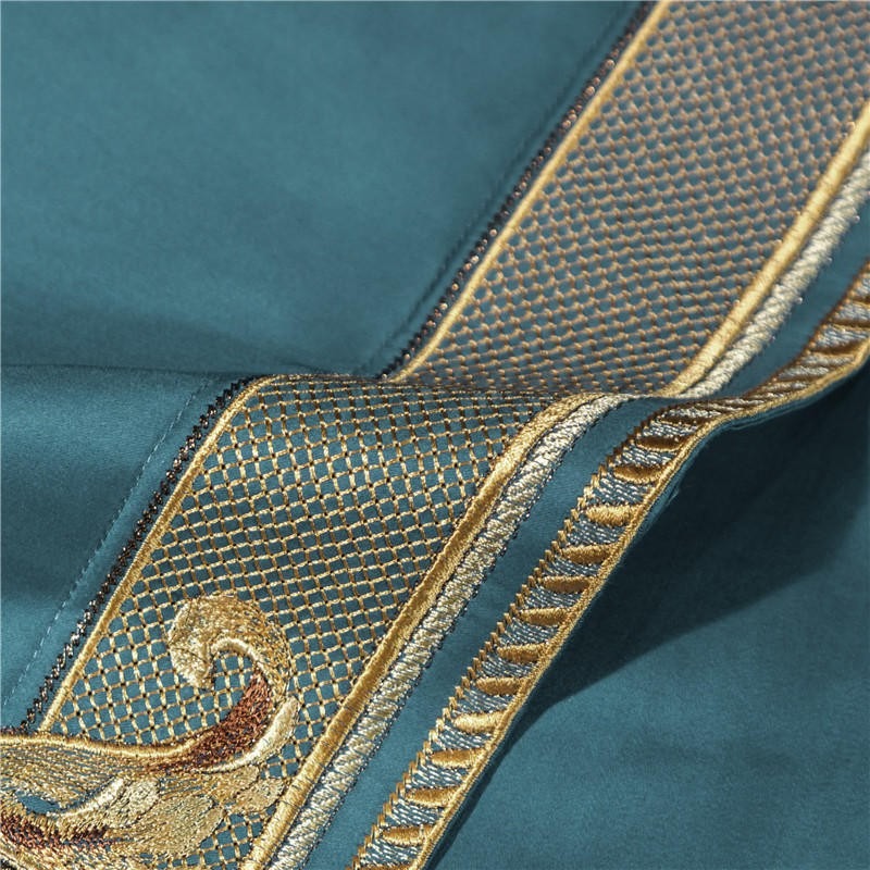 Anahi Teal Blue Embroidered Motif Border Egyptian Cotton Duvet Cover Set