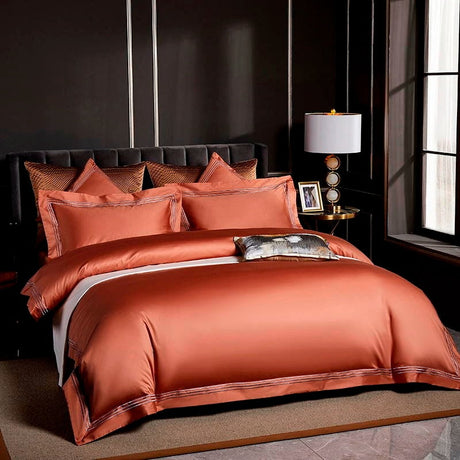 Leila Orange Embroidered Edge Egyptian Cotton Duvet Cover Set