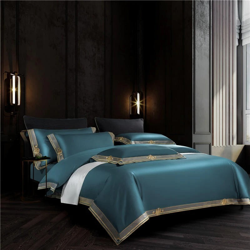 Anahi Teal Blue Embroidered Motif Border Egyptian Cotton Duvet Cover Set