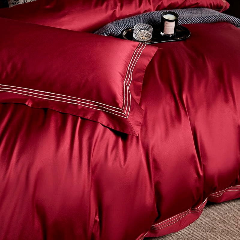 Leila Red Embroidered Edge Egyptian Cotton Duvet Cover Set