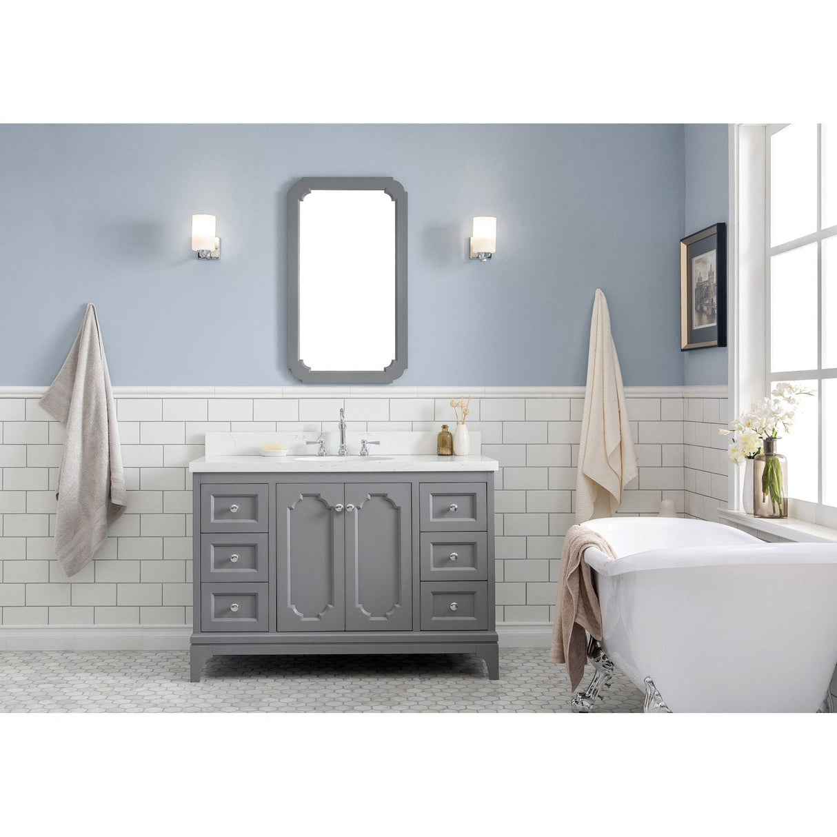 Water Creation Queen 48" Single Sink Quartz Carrara Vanity In Cashmere Grey With Lavatory Faucet