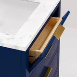 Water Creation Bristol 24" Single Sink Carrara White Marble Countertop Bath Vanity in Monarch Blue with Satin Gold Hook Faucet